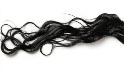 Thick, curly black hair lock, isolated on a white background. The curls are defined and natural, with a healthy sheen and rich color. --chaos