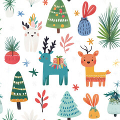 Charming Christmas pattern featuring colorful reindeer, festive trees, and playful decorations, evoking joyful holiday spirit