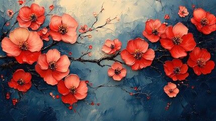 Acrylic painting with intricate texture, capturing vibrant red and blue blossoms on tree branches, layered with dynamic brushstrokes.