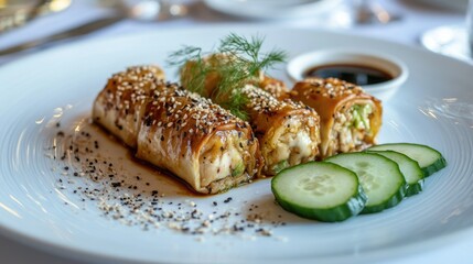 Traditional spring rolls served on a white plate with a side of soy sauce, accompanied by sliced cucumbers and a sprinkle of sesame seeds. --chaos