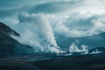 Geothermal plant with advanced technology for efficient energy extraction. Smoke is billowing out from a factory located in the mountains