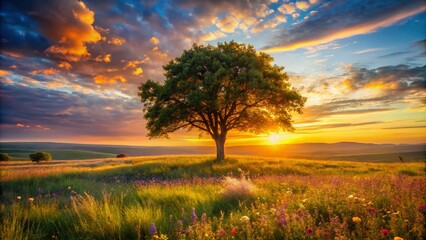Obraz premium Lonely Tree on a Serene Landscape with High Depth of Field for Nature Photography Lovers