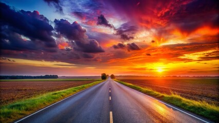 Naklejka premium Long Empty Road at Sunset - Scenic HDR Landscape Photography