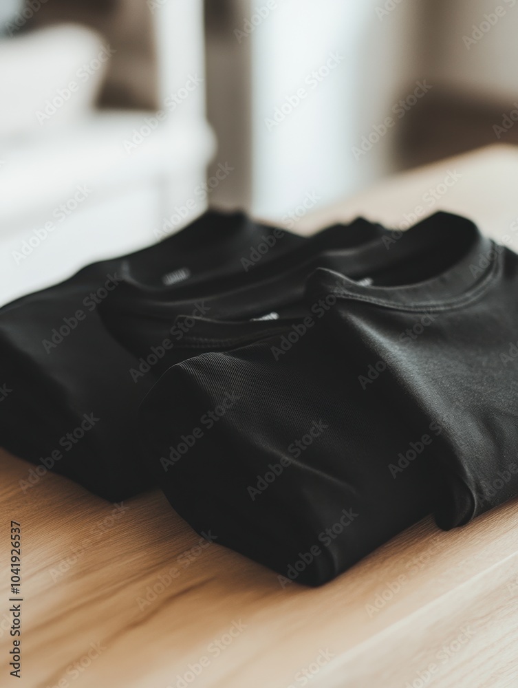 Poster neatly folded minimalist sportswear in black sits on a smooth wooden table, creating a calming and o