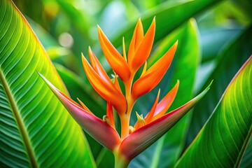 Extreme close-up of blooming orange heliconia flower with lush green leaves