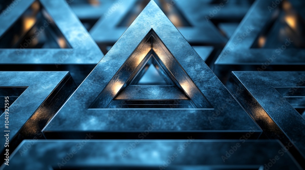 Aufkleber Metallic blue triangles are arranged in a complex, overlapping pattern with glowing edges, creating a striking three-dimensional geometric design that captivates the eye.