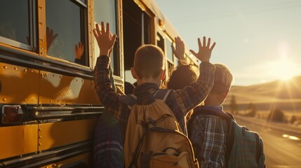 Four children waving goodbye as the school bus departs at sunset.
