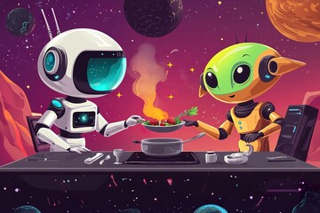 Robot and Alien Cooking Contest in Space: A Fun Cartoon Illustration for Kids