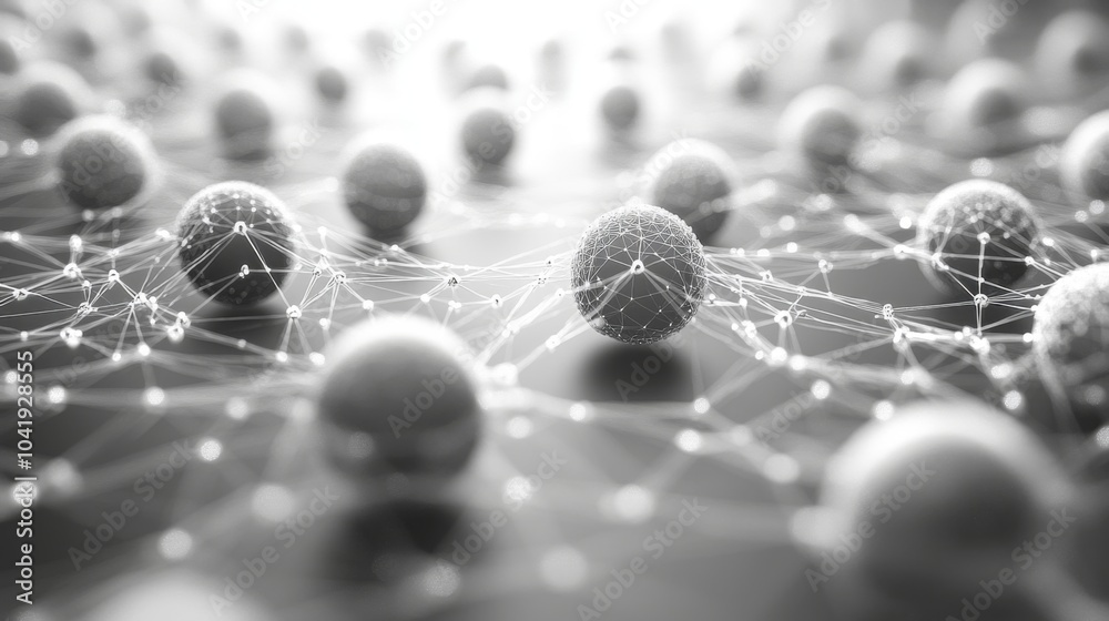 Poster Spheres are visually connected by intricate lines, symbolizing the concept of networking and interaction in a digital space, emphasizing modern technology.