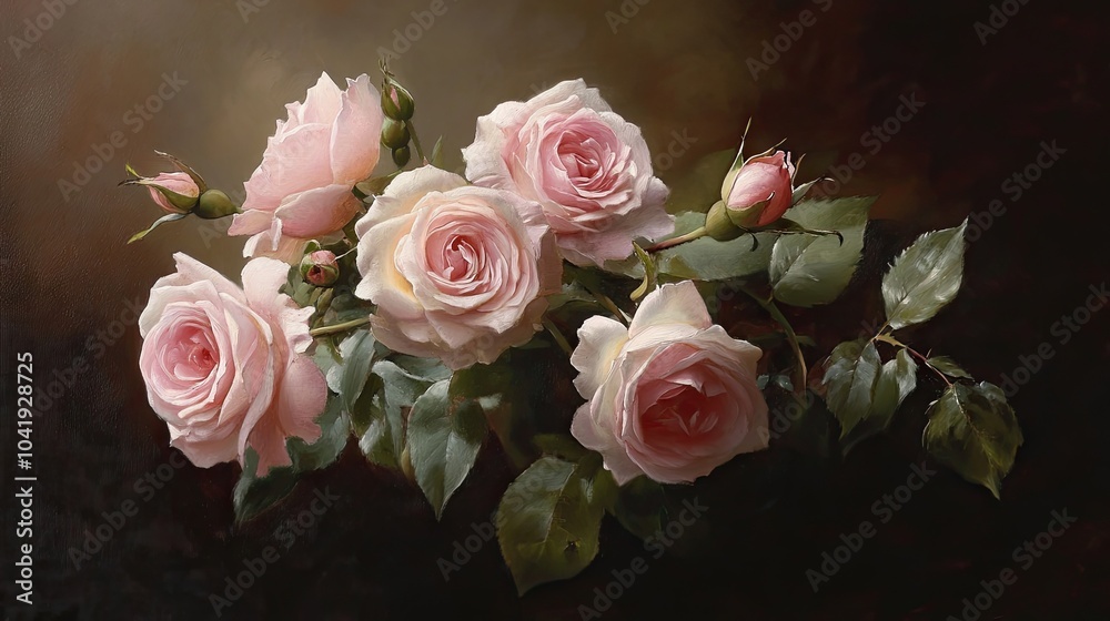 Poster A bouquet of pink roses softly lit against a dark backdrop, with vintage-style hues that evoke the charm and romance of a classic painting.