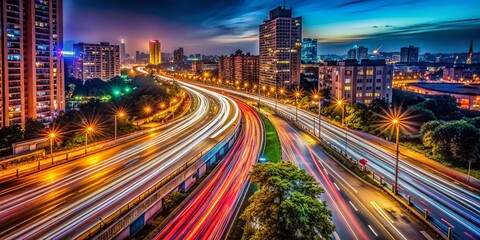 Long Exposure Photography of Vibrant Light Trails in Urban Settings Capturing Speed and Motion at Night