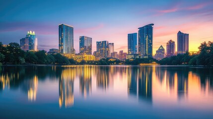 Obraz premium A breathtaking cityscape at dusk with tall buildings reflecting in calm waters, showcasing the balance of nature and urbanization.