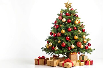 Decorated Christmas tree with gifts on white background