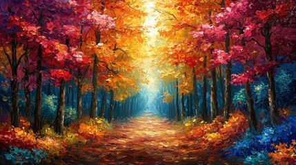 Naklejka premium Interconnected nature scenes with glowing streetlights, amazonscapes, and bold, textured brushstrokes that create striking contrasts in an impressionist landscape.