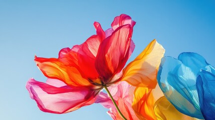 A brightly colored flower stands out against a clear blue sky, offering a dynamic and eye-catching floral composition