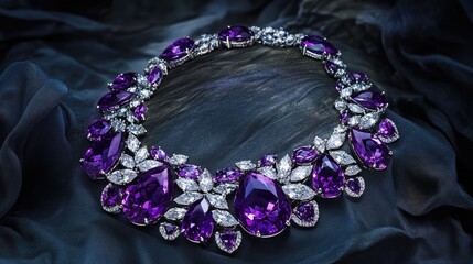 Fototapeta premium A breathtaking necklace featuring radiant purple amethysts and shimmering diamonds, beautifully arranged on a deep, dark background.