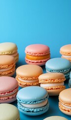 Fototapeta premium Colorful macaroons on a blue background. Toned.