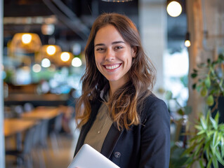 Fototapeta premium A casual business portrait taken in a coworking space, with the subject smiling and holding a laptop, conveying a relaxed professionalism