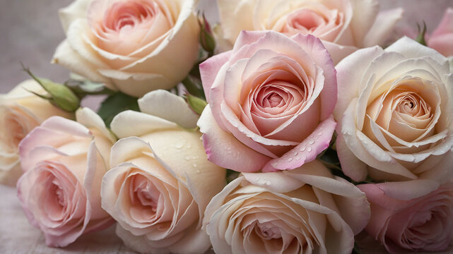 Elegant and soft roses in various pastel shades creating a serene and harmonious floral arrangement bouquet.