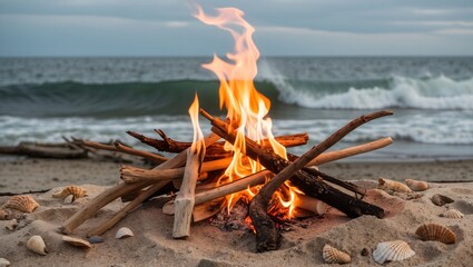 Campfire on Sandy Beach with Driftwood and Waves