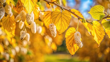 Depth of field image of mulberry tree with white and rich yellow foliage in autumn