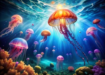 Luminous Underwater Jellyfish in Vibrant Blue Sea - Stunning High Depth of Field Photography
