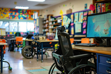 A classroom where special needs students use adaptive technology and custom learning materials to engage with lessons