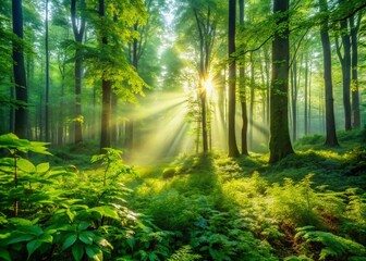 Naklejka premium Lush Green Forest at Dawn - Vibrant Morning Light and Nature's Serenity