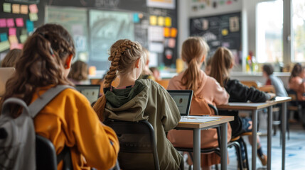 A classroom where students engage in both online lessons and face-to-face discussions, embodying the concept of blended learning