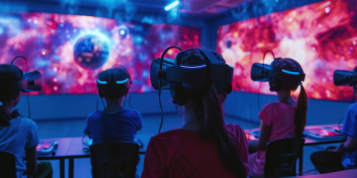 A classroom where students use virtual reality to explore a simulated world, gaining knowledge through experiential learning activities