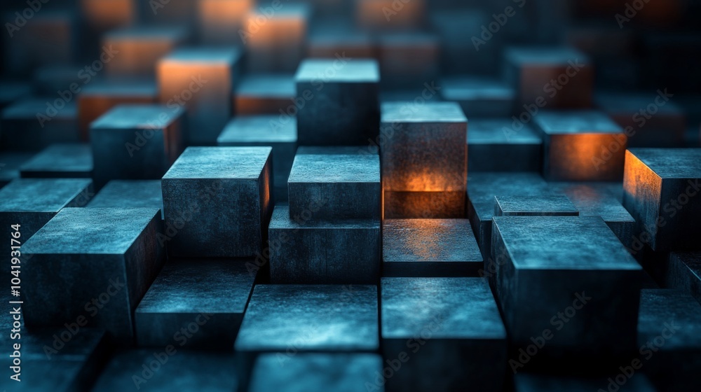 Aufkleber Metallic blocks are arranged in a complex pattern, creating an abstract composition that features warm glowing elements amid a dark background, evoking a futuristic atmosphere.