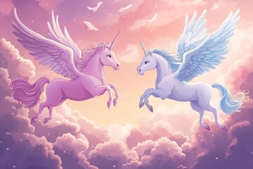 Fototapeta premium Fantasy Flying Race: A Unicorn and Pegasus Compete in the Clouds