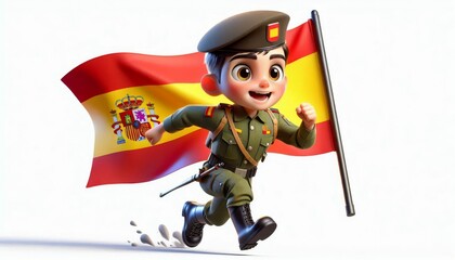 3d render of a boy wearing Spain Army uniforms. There is an Spain flag behind it on a white background