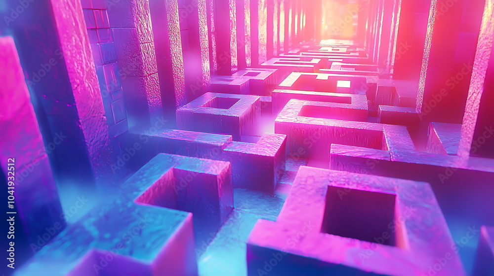Aufkleber exploring a colorful maze of vibrant neon lights and abstract shapes a journey through a digital won