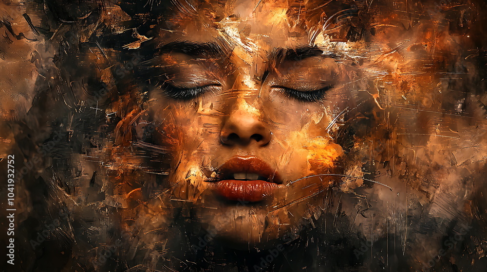 Poster emotive portrait of a serene face surrounded by vibrant flames blending soft features and intense co