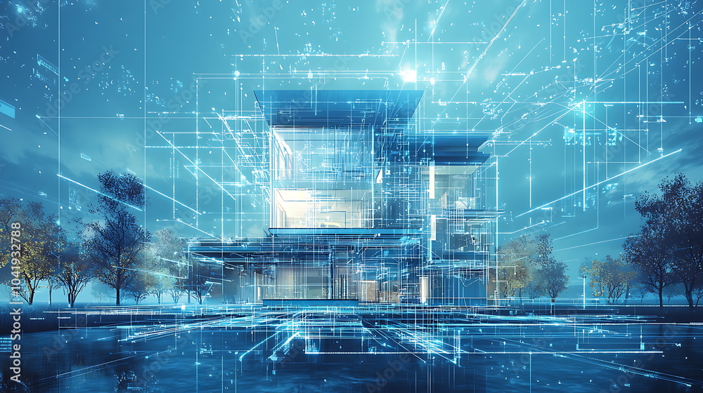 Poster Exploring the intersection of futuristic architecture and digital innovation a vision of tomorrow's urban landscape in blue tones