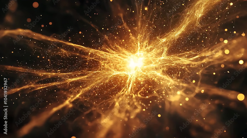 Poster majestic golden explosion of particles illuminating a dark background creating a stunning visual exp