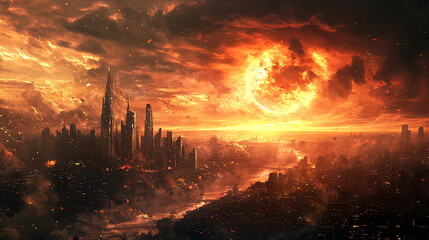 Fototapeta premium Futuristic sunset over a ruined cityscape a dystopian vision of hope and desolation amidst urban decay