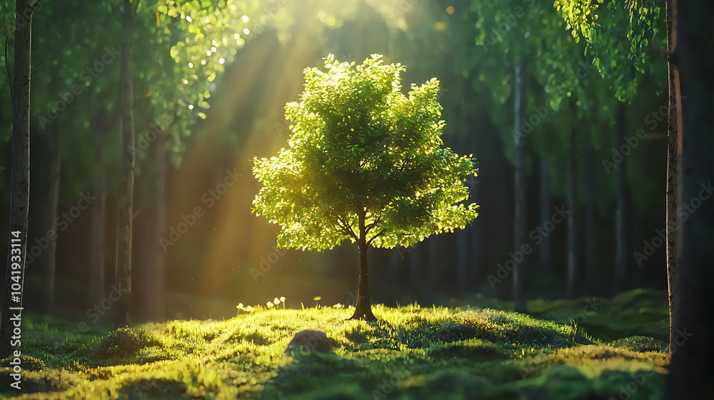 Poster a serene moment a lonely tree glowing in sunlight amidst the enchanting lush forest setting