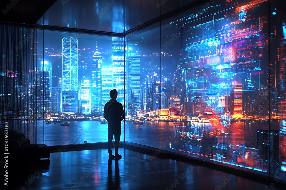 Poster a vision of tomorrow a person gazes at a futuristic cityscape through a glass window illuminated by 