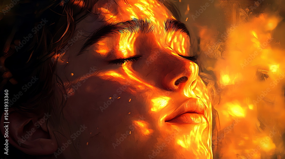 Poster a serene face illuminated by captivating light patterns embracing the tranquility of nature's warm g