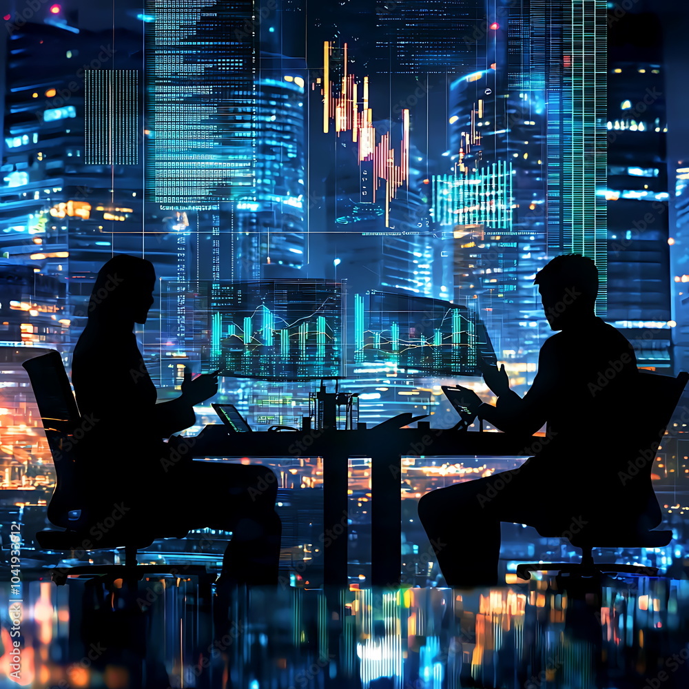 Aufkleber silhouetted professionals engaged in data analysis against a city office backdrop with digital graph