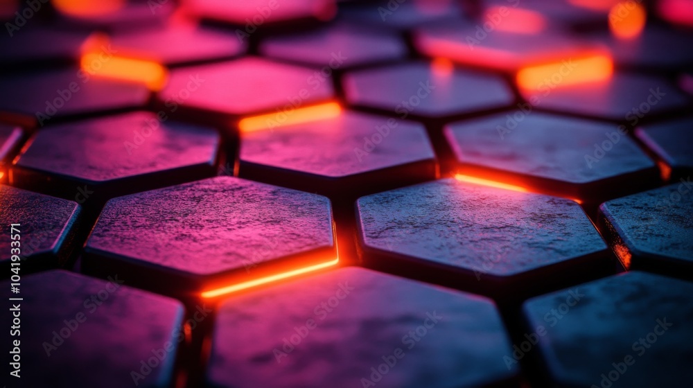 Aufkleber A close-up view reveals a mesmerizing pattern of hexagonal shapes, illuminated by red and purple lights, creating an enchanting atmosphere during nighttime.