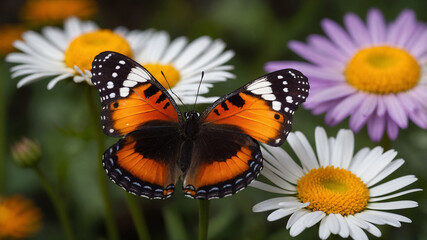 Fototapeta premium Vibrant butterfly with orange wings perched on a daisy amidst a lush garden of vivid blooms, close-up.