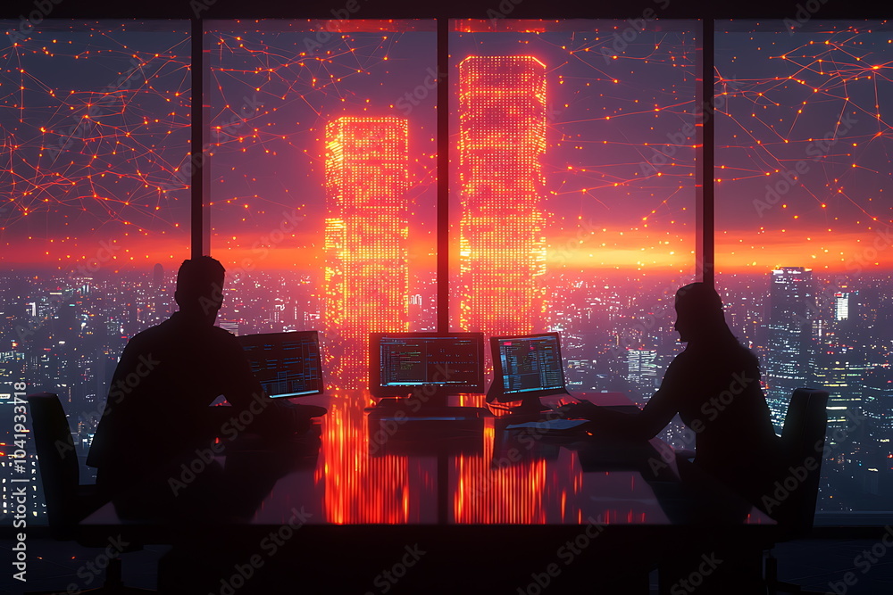Poster silhouettes of two professionals analyzing data against a captivating sunset over a futuristic citys