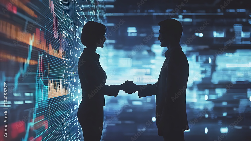 Poster Silhouettes of two people shaking hands in a digital environment symbolizing collaboration and connection in modern business practices
