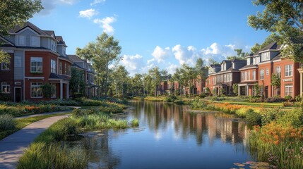 Obraz premium Serene residential area with a picturesque waterway and greenery.