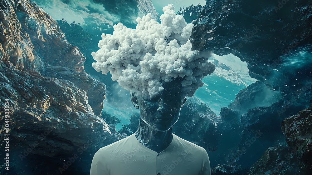 Poster exploring the ethereal a surreal portrait of a figure with a cloudlike head amidst otherworldly land