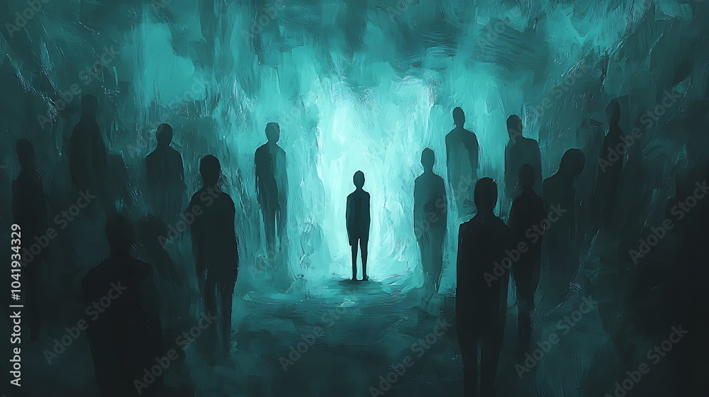 Aufkleber a solitary figure amidst shadowy silhouettes in a foggy realm exploring themes of isolation and pres