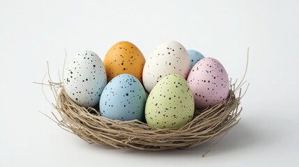 Colorful speckled easter eggs nestled in natural twigs symbolizing spring and renewal